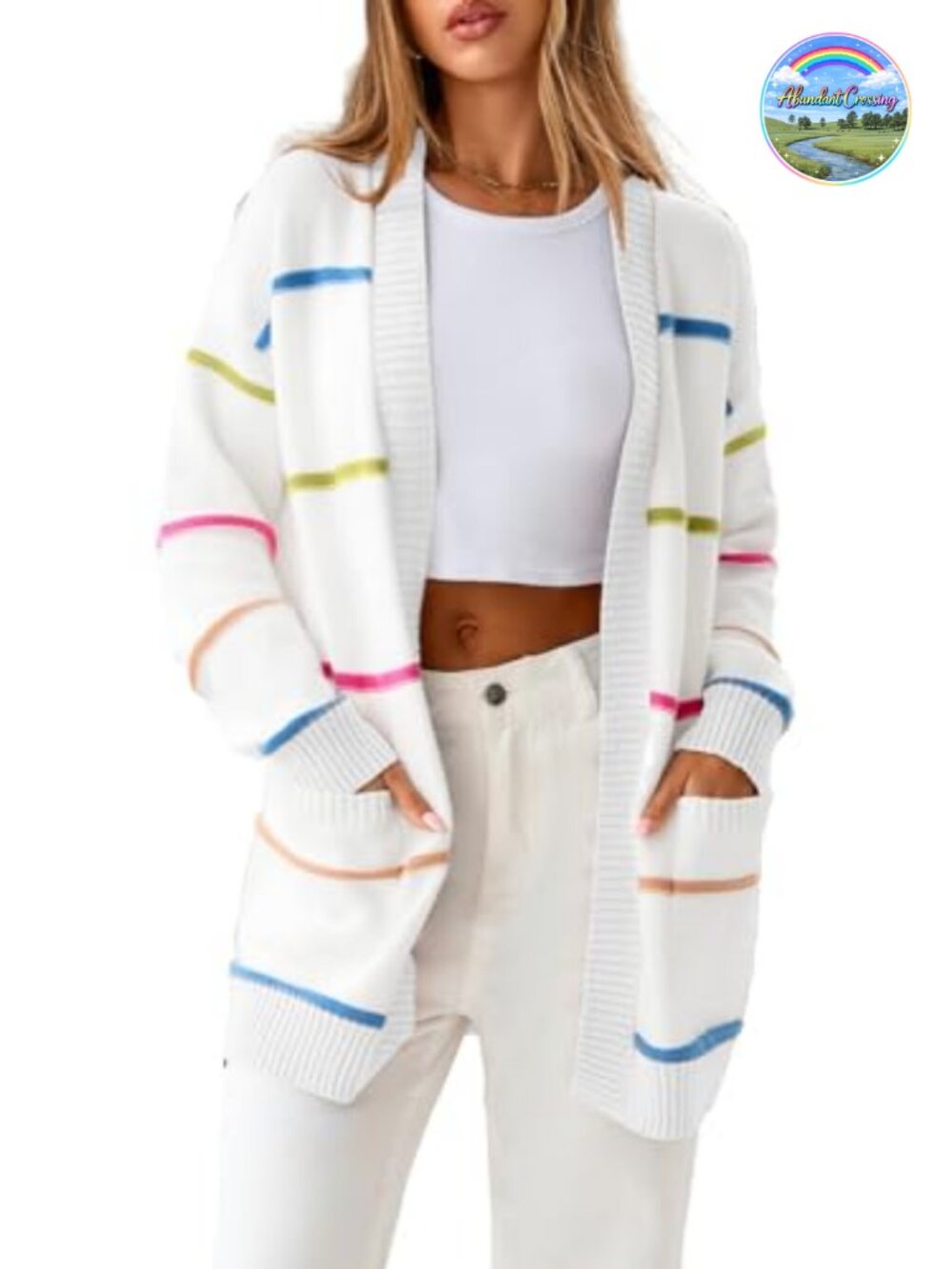 Striped Open Front Cardigan Lightweight Long Sleeve Sweater with Pockets